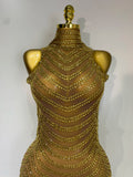 Women Sexy Sparkly Rhinestone Gold Maxi Dress Mesh See Through Evening Party Singer Stage Perform Costume Luxury Birthday Gown