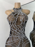 High Street Mesh Spider Web Tight Jumpsuit Performance Dance Costume Luxury Rhinestones Nightclub Bar Stage Leotard