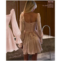 Shining Square Collar Ruffle Trim Fishbone Waist Cinched Short Dress Flare Sleeved Backless Lace Up Mini Dresses Elegant Gowns