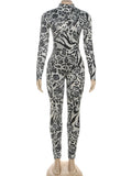 Fitness Jumpsuit Women Sexy Zip Leopard Print Full Sleeve Streetwear Activity Workout Casual Tight Stretch Overalls