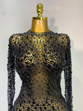 Luxury Rhinestones Mesh Bodycon Long Dress Celebrate Birthday Party Photo Shoot Long Sleeve Performance Costume Stage Outfit