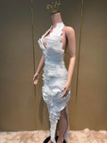 Elegant 3D Flower Applique Halter Maxi Dress Sexy Off Shoulder Backless Ruffled Bodycon Bandage Celebrity Evening Party Gowns