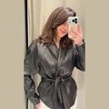 Women's Chic Lapel Oversized PU Leather Jacket Casual Full Sleeve Drop Shoulder Belted Coat Lady 2026 Spring Chic Streetwear