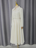 Elegant Bridesmaids White Two Piece Set for Women Lapel Pearl Accent Crop Jacket A Line Midi Skirts Suit for Formal Events