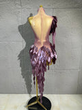 Women Sexy Purple Leaf Sequins Mesh One-Shoulder Tassel Dance Costume Suitable for Competition Performance Cocktail Party Dancew
