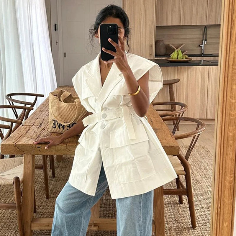 Summer Sleeveless Work Shirt Multi-Pocket Belted Loose Top For Women Lapel Collar Button Fashion Solid Color Cardigan Top