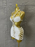 Women Sexy Sparkly White Braided Halter Mini Dress Gold Bead Trim Cutout Sides Ideal Beach Parties Vacations Special Occasions