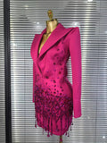 Handmake Women Long Sleeve Golden Beading Deep V-Neck Bodycon Mini Dress Celebrate Birthday Photo Shoot Performance Costume