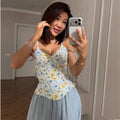 Sexy Women's Printed Fishbone Sling Top Slim Sleeveless Waist Cinched Strap Vest 2026 Summer Lady Holiday All-match Tops