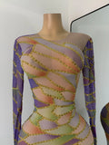 Sexy Colorful Printed Party Dress For Women Long Sleeve Mesh Rhinestones Evening Birthday Celebrity Gala Gown