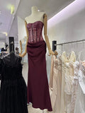 Luxury Strapless Corset Mermaid Maxi Dress for Women Lace Bodice Satin Ruched Skirt for Formal Evening Party Prom Long Gown