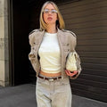 Women Double-Breasted Stand Collar Cropped Jacket Long-Sleeved Solid Zipper Metal Button Fashion Street Coat Autumn Winter
