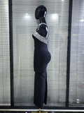 Sexy Halter Neck Cut out Diamonds Bandage Dress Women Black Sleeveless Backless Crystal Bodycon Long Dresses Evening Party Gowns