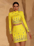 Fashion Women's Heavy Industry Diamond Two Piece Set Short Long Sleeve Tops Wrapped Hip Mini Skirt Female Outfit