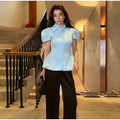 Vintage Women Satin Solid Jacket Puff Short Sleeve Single Breasted Waist Top Fashion All-match Retro 2026 Spring Summer Coat