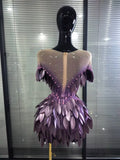 Purple Color Women Sexy Shining Rhinestones Mesh See Through Bodycon Mini Dress Sequined Celebrate Nightclub Party Birthday Wear