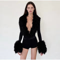 White Faux Curly Fur Bodysuit Women Chic Solid Deep V Long Fluffy Sleeves Shorts Bodysuit 2026 Lady Party Street Matching Suit