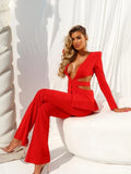 Red Sexy V-neck Long Sleeve Jacket+High Waist Flare Pants Blazer Set Women'S 2026 New Hollow Out Designer Two-Piece Set