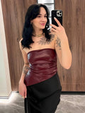 PU Leather Sexy Tube Top Pleated Waist Vest Women's Spring Fashion Solid High Street Zipper Irregular T Shirt Sleeveless