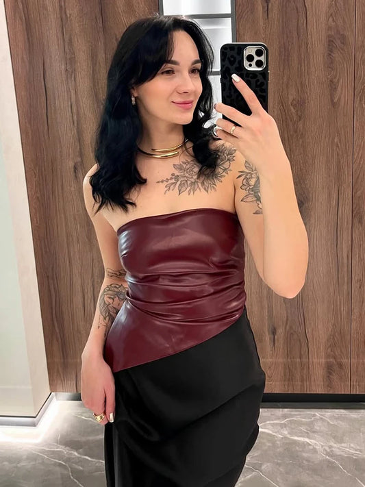 PU Leather Sexy Tube Top Pleated Waist Vest Women's Spring Fashion Solid High Street Zipper Irregular T Shirt Sleeveless