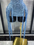 Blue Color Women Sexy Shining Crystal Sequins Fringes Bodycon Mini Dress Mesh See Through Celebrate Birthday Photoshoot Wear