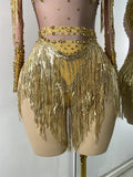 Women Sexy Long Sleeve Spandex Beading Tassels Skiny Bodysuit Performance Dance Costume Nightclub Party Outfit