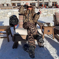 Women Leopard Print Hooded Ski Suit Set Waterproof Windproof Snow Jacket Pants Two Piece Outfit Winter Snowboard Skiing Costume