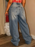 Women Wide Leg Jeans Asymmetric Deconstruct PU Patch Washed Loose Trendy Streetwear Fashion Autumn