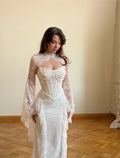 Flare Sleeves High Neck Mermaid Maxi Dress Corset Bodice Floral Lace Bridal Reception Long Train Formal Evening Gala 2026
