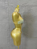 Gold Luxurious Black Bodysuit Women Sexy Halter Neck Iridescent Crystal Embellished Cutout Outfit Stage Performance Costume