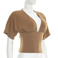 Sexy Deep V-Neck High-Waisted Spliced T-Shirt Women Fashion Solid Waist Shaping Short Sleeves Top Summer Street T-Shirt