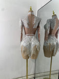Women Sexy Long Sleeve Spandex Beading Tassels Skiny Bodysuit Performance Dance Costume Nightclub Party Outfit