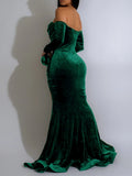 Padded Velvet High Slit Off Shoulder Evening Party Long Dress Women Long Sleeve Bodycon Vestidos Lady Ruched Clothing