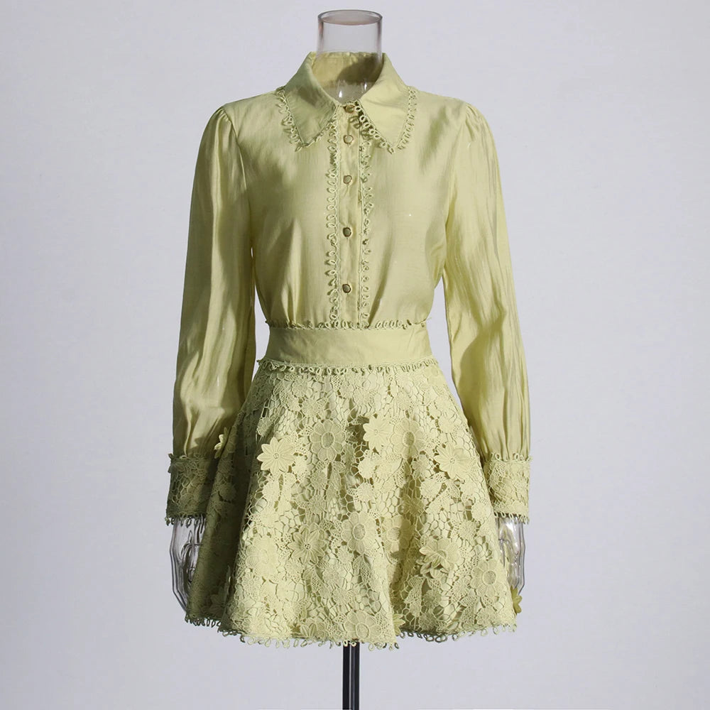Solid Loose Two Piece Set For Women Lapel Long Sleeve Top High Waist Embroidery A Line Skirt Elegant Sets Female