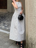 French Elegant Dot Print Mid Dress for Women Square Collar Sleeveless Temperament Date Night Dresses Female Summer