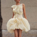 Fashion Orange 3D Floral Appliquet Mini Dress for Women Sleeveless O Neck Slim Sheer Tulle Puffed Skirt for Themed Parties