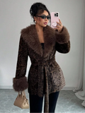 Leopard Print Faux Fur Jacket Womens Long Sleeve Fur Collar Cuff Pockets Coat Autumn Party Winter Streetwear Trendy Outerwear