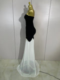 Women Elegangt Pearl Bandage Strapless TopAnd White Mesh Long Dress Two-piece Set Celebrity Evening Birthday Wedding Party Dress