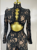 Women Long Sleeve Evening Party Club Bar Birthday Celebrity Gowns Sexy White Lace High Neck Hollow Out Design Bodycon Long Dress