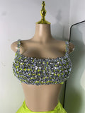 Sparkly Rhinestone Diamonds High Split Two Pieces Women Sexy Outfit Night Club Skirt Suits Dancer Singer Performance Costume