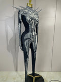 Sexy Sparkle Diamond Long Sleeves Printed Stretch Jumpsuit Eveing Birthday Party Luxury NightClub Stage Costume Festivals Outfit