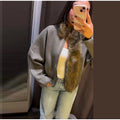 Women Olive Green Fur Collar Oversized Long Sleeve Fuzzy Trim Open Front Knit Cardigan Sweater Fall 2026 Casual Trendy New Wears