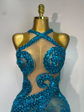 Women Luxury Blue Rhinestones Sequines Mesh Transparent Long Dress Club Evening Party Dress Birthday Photoshoot Clothing