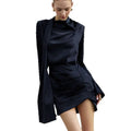 Navyblue Irregular Bodycon Dresses for Women Stand Collar Flare Sleeve High Waist Sexy Party Mini Dress Female New