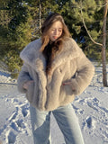Solid Faux Fur Lapel Women's Coat Luxury Gradient Cropped Fluffy Fur Jacket Coat Winter Thicken Outerwear High Street