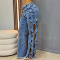 Women Streetwear Cutout Hollow Out Criss Cross Side Wide Leg  Blue Denim Pants  Fashion Sexy Party Jeans Trousers