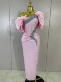 Shiny Rhinestones Pleat Pink Off The Shoulder Bodycon Long Bandage Dress Celebrate Evening Party Luxury Birthday Wedding Dress