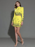 Two Piece Sets for Women Stand Collar Long Sleeve Spliced Diamonds Top High Wiast Mini Skirt Elegant Outfit Female