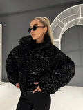 Womens Black Sequin Puffer Coat Zip Up Stand Collar Pockets Warm Jacket Fall Winter Party Club Streetwear Trendy Lady Cozy Wear