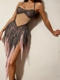 Singer Stage Nightclub Outfit Sexy Chic Gray Pink Glittering Beaded Fringed Halter Dress Performance Costume Dance Party